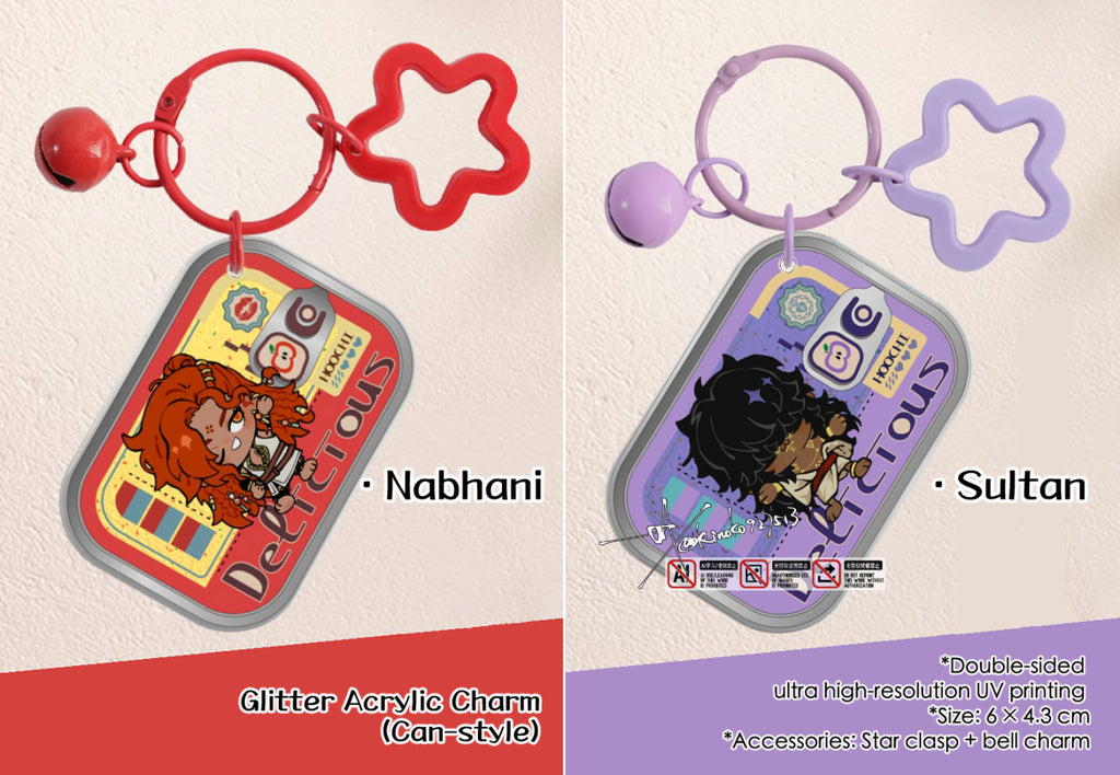 Two glitter acrylic charms with sultan's game's designs on a beige background, labeled 'Nabhani' and 'Sultan'.