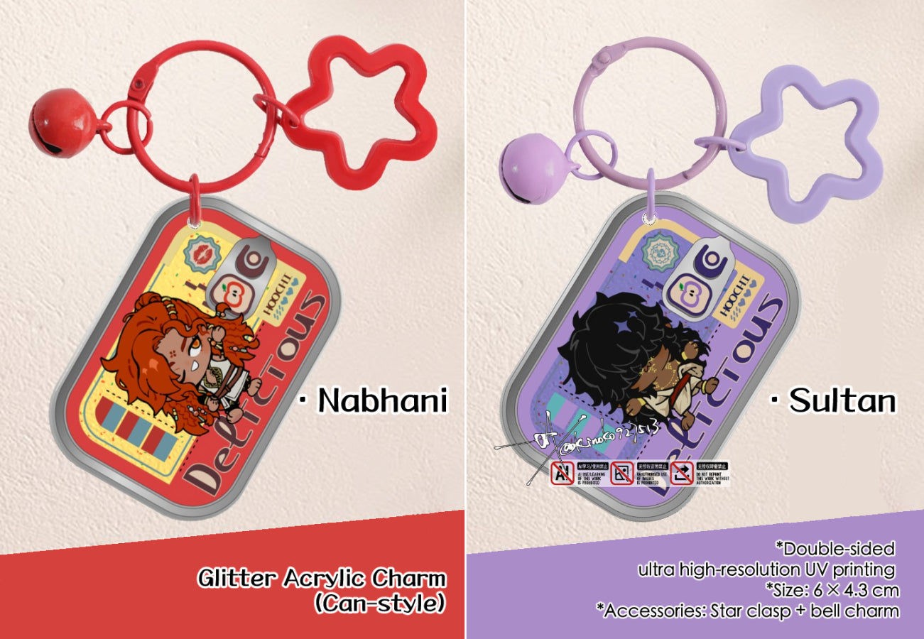 Two glitter acrylic charms with sultan's game's designs on a beige background, labeled 'Nabhani' and 'Sultan'.